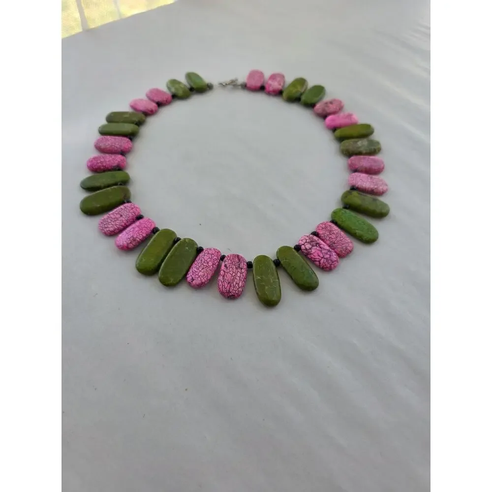 Handmade Gem Stone‎ Beaded Artisan Necklace Howlite Green Pink Green Choker Boho